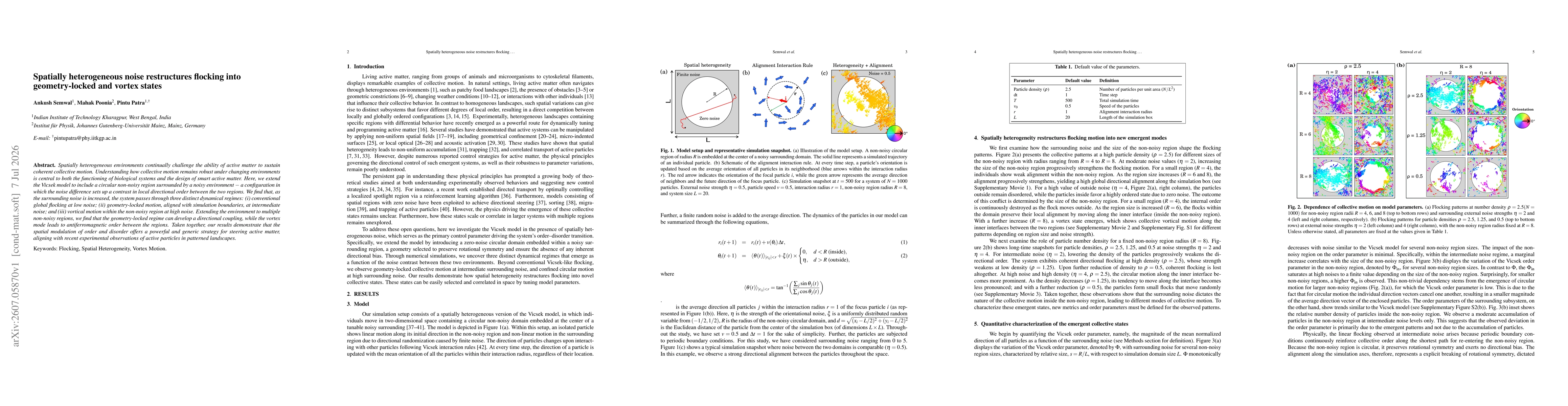 Thumbnail for Spatially heterogeneous noise restructures flocking into geometry-locked and vortex states
