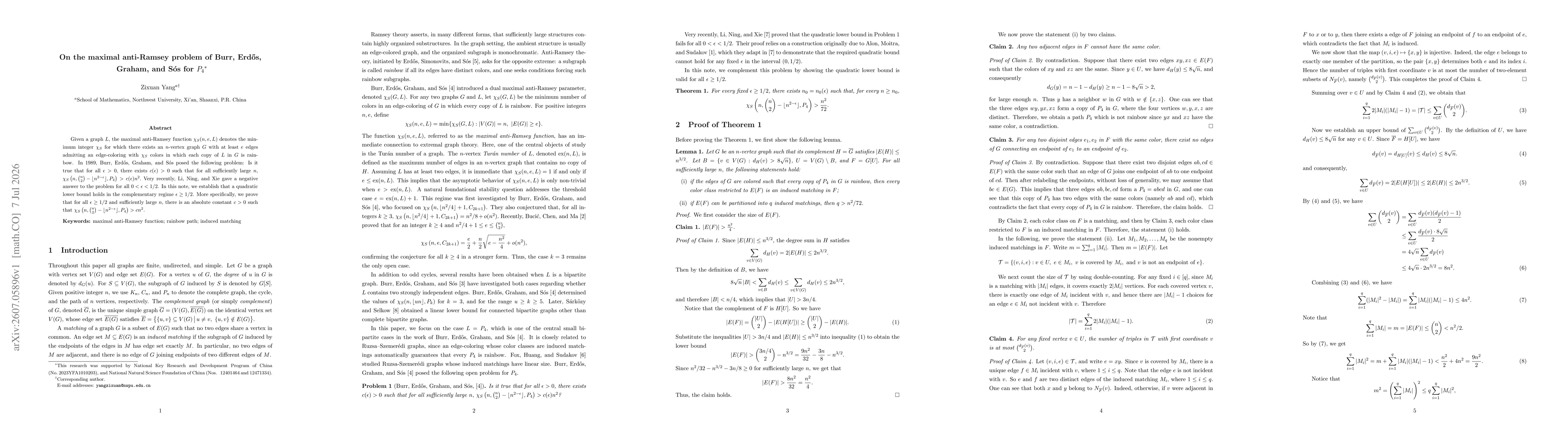 Thumbnail for On the maximal anti-Ramsey problem of Burr, Erdős, Graham, and Sós for $P_4$
