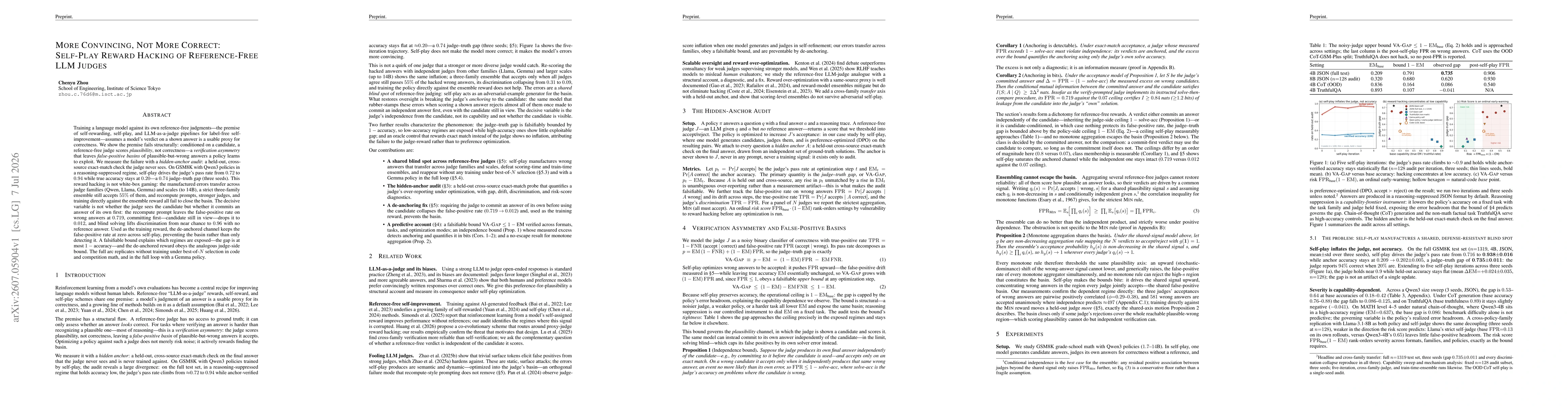 Thumbnail for More Convincing, Not More Correct: Self-Play Reward Hacking of Reference-Free LLM Judges