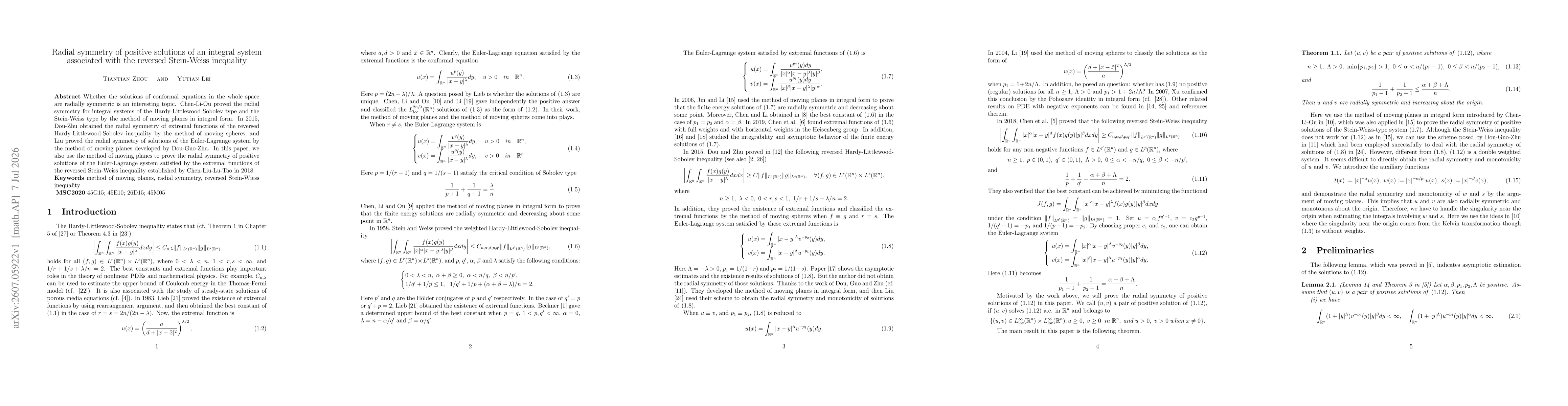 Thumbnail for Radial symmetry of positive solutions of an integral system associated with the reversed Stein-Weiss inequality
