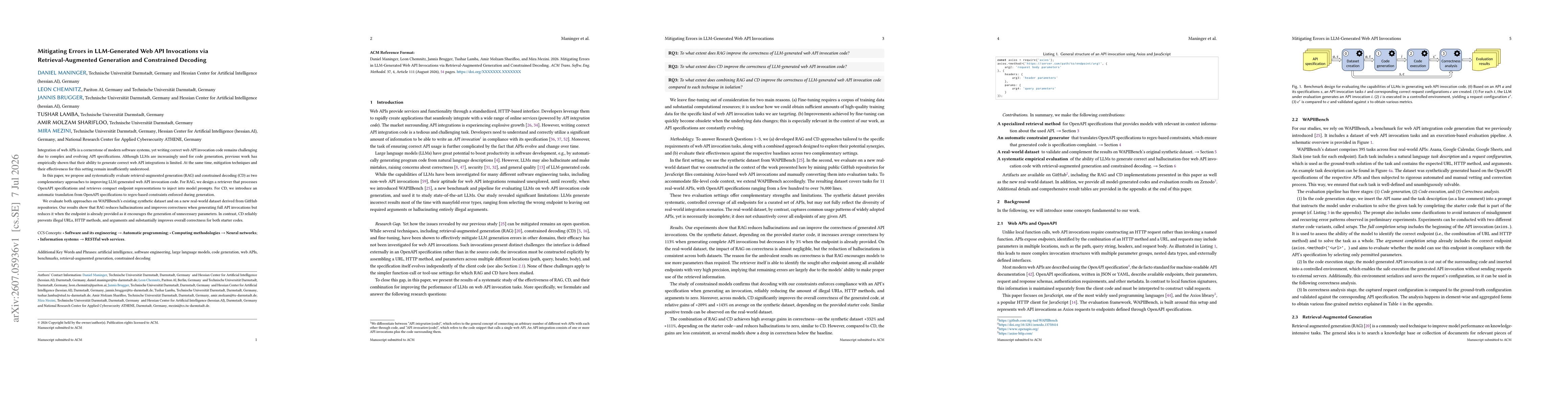 Thumbnail for Mitigating Errors in LLM-Generated Web API Invocations via Retrieval-Augmented Generation and Constrained Decoding