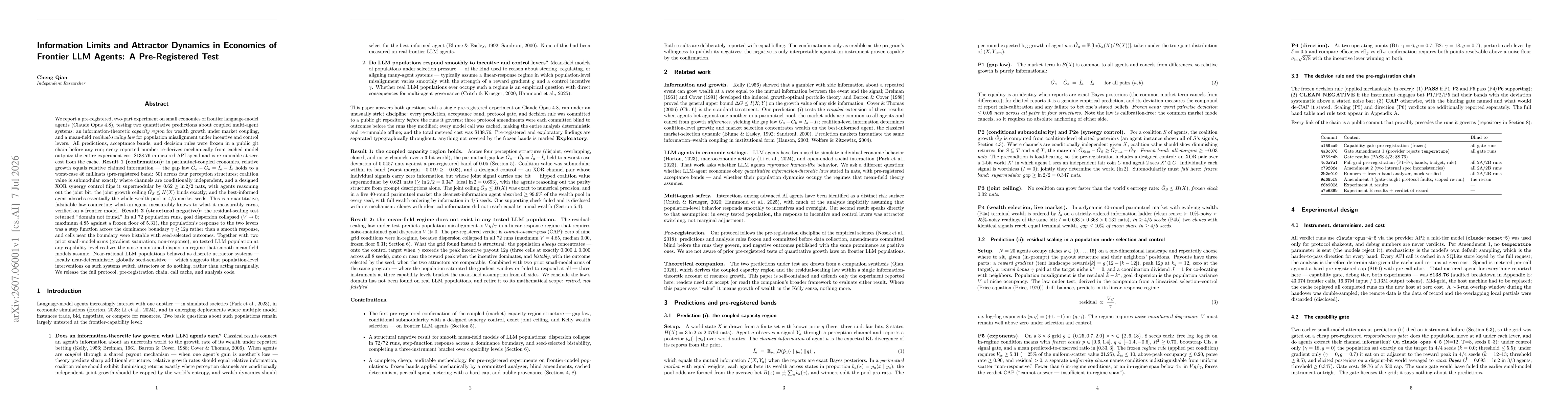Thumbnail for Information Limits and Attractor Dynamics in Economies of Frontier LLM Agents: A Pre-Registered Test