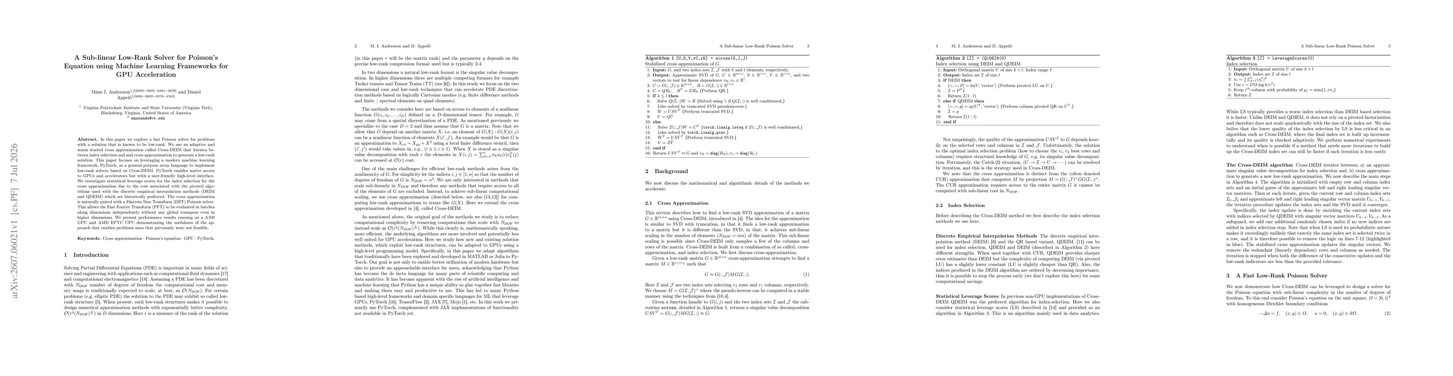Thumbnail for A Sub-linear Low-Rank Solver for Poisson's Equation using Machine Learning Frameworks for GPU Acceleration