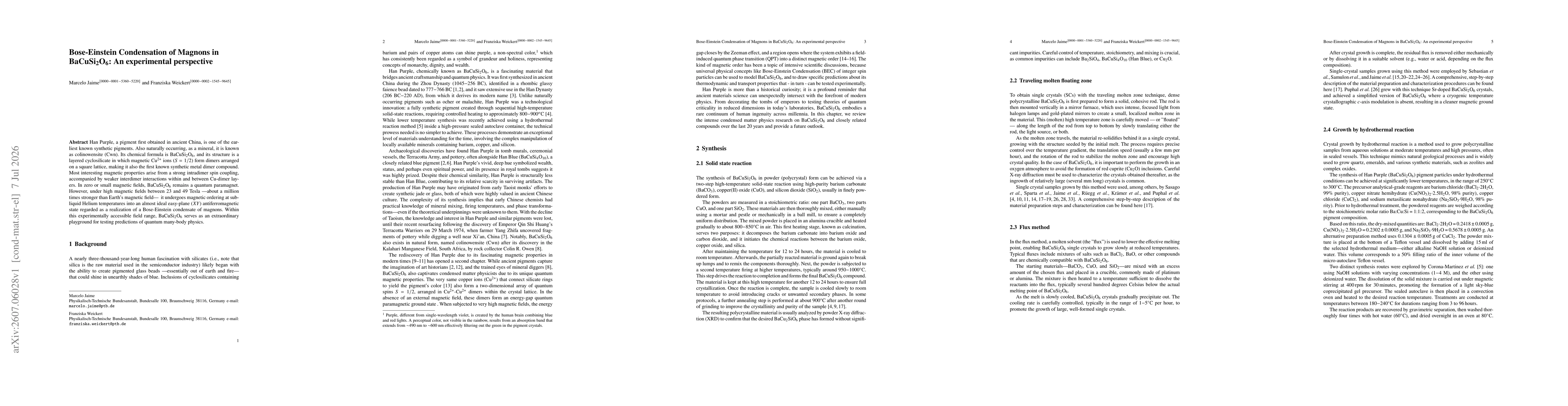 Thumbnail for Bose Einstein Condensation of Magnons in BaCuSi$_{2}$O$_{6}$: An experimental perspective
