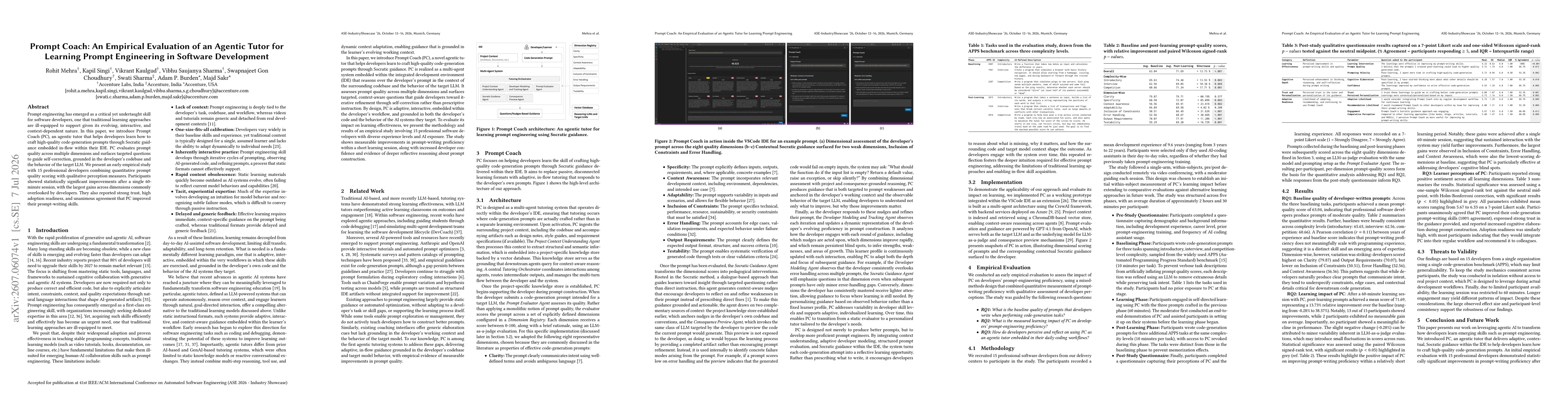 Thumbnail for Prompt Coach: An Empirical Evaluation of an Agentic Tutor for Learning Prompt Engineering in Software Development
