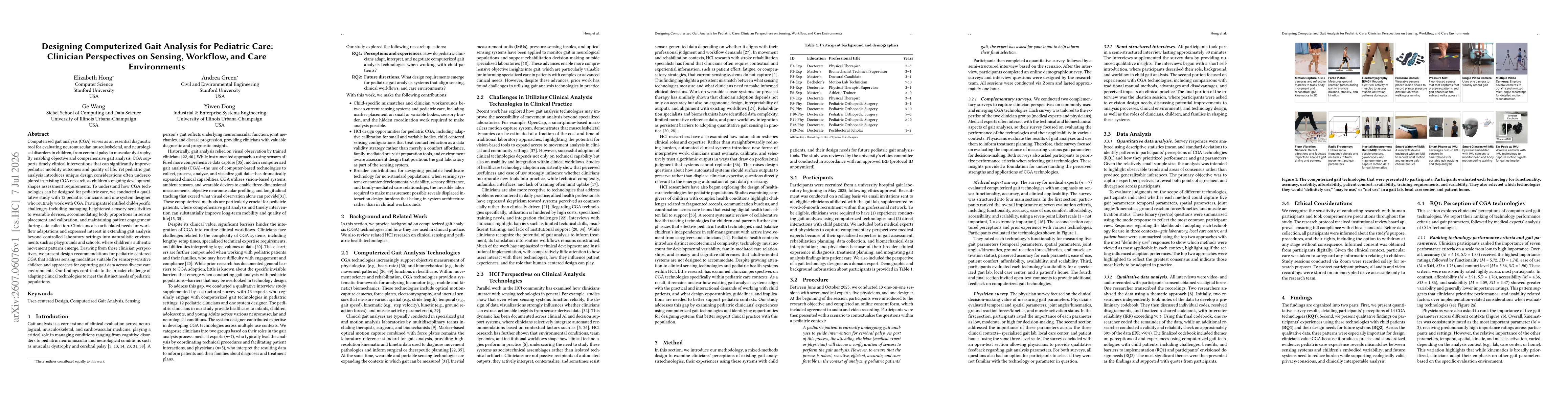 Thumbnail for Designing Computerized Gait Analysis for Pediatric Care: Clinician Perspectives on Sensing, Workflow, and Care Environments