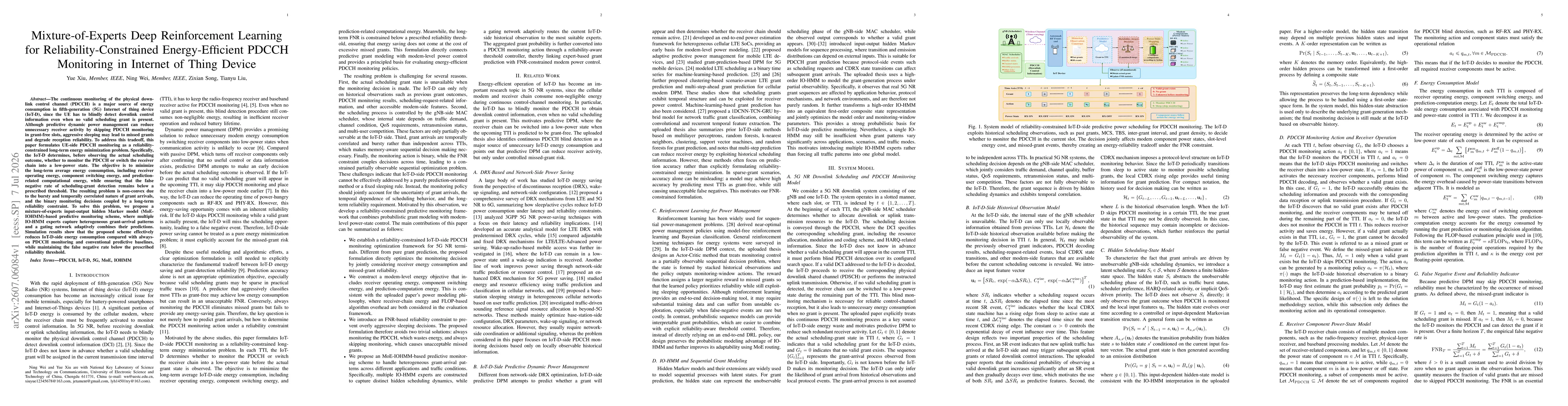 Thumbnail for Mixture-of-Experts Deep Reinforcement Learning for Reliability-Constrained Energy-Efficient PDCCH Monitoring in Internet of Thing Device