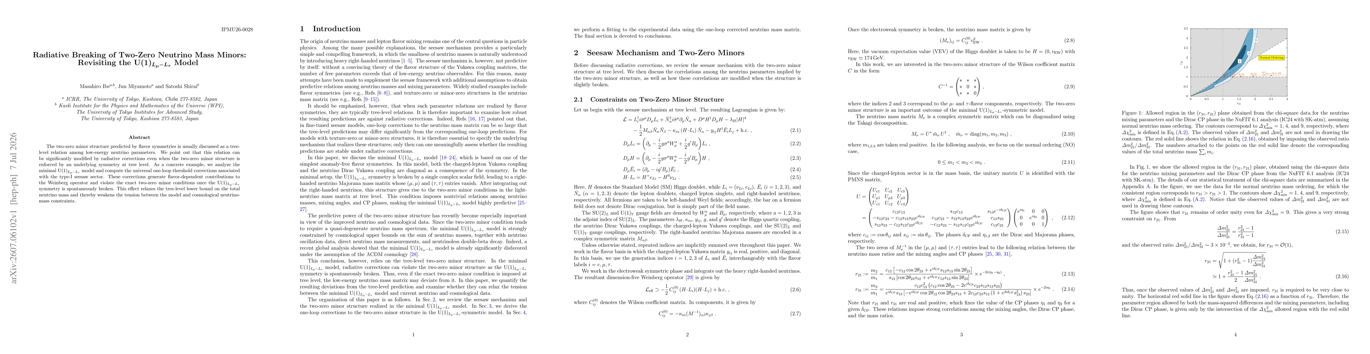 Thumbnail for Radiative Breaking of Two-Zero Neutrino Mass Minors: Revisiting the $\mathrm{U}(1)_{L_μ-L_τ}$ Model