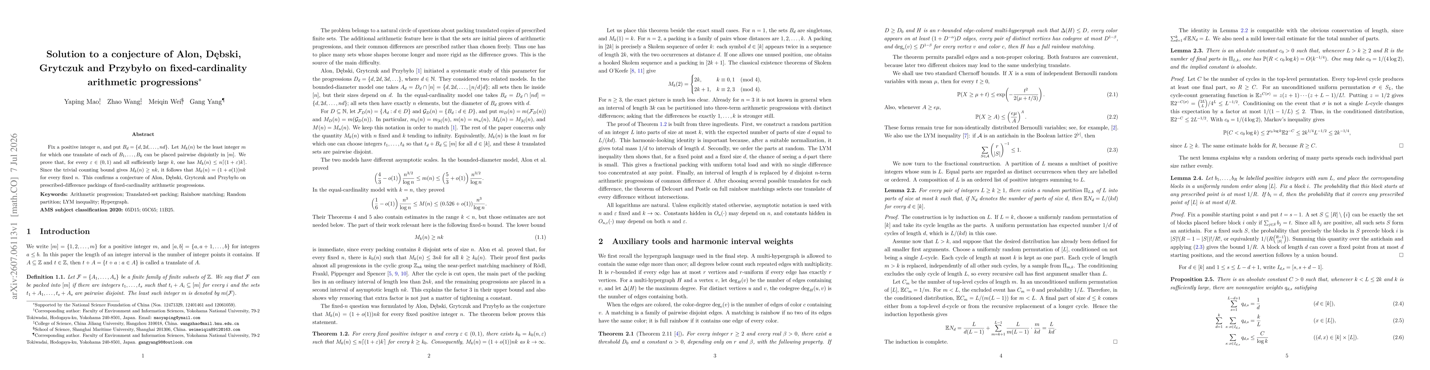 Thumbnail for Solution to a conjecture of Alon, Dębski, Grytczuk and Przybyło on fixed-cardinality arithmetic progressions