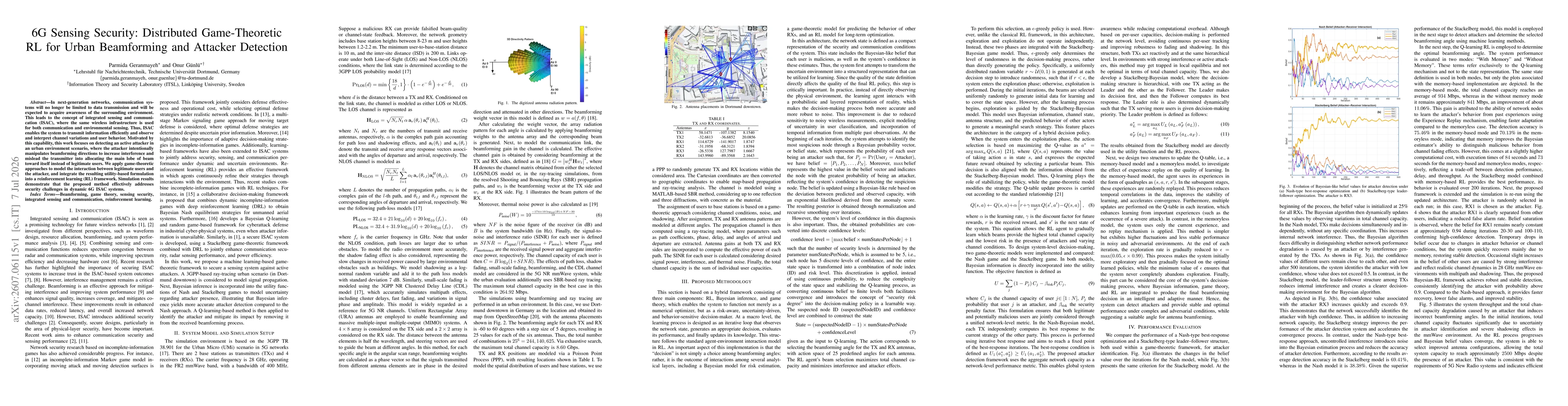 Thumbnail for 6G Sensing Security: Distributed Game-Theoretic RL for Urban Beamforming and Attacker Detection