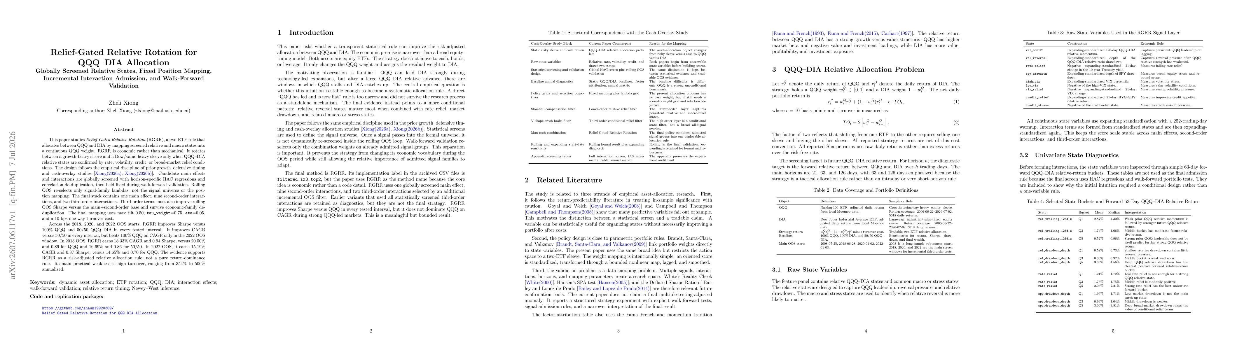 Thumbnail for Relief-Gated Relative Rotation for QQQ-DIA Allocation: Globally Screened Relative States, Fixed Position Mapping, Incremental Interaction Admission, and Walk-Forward Validation