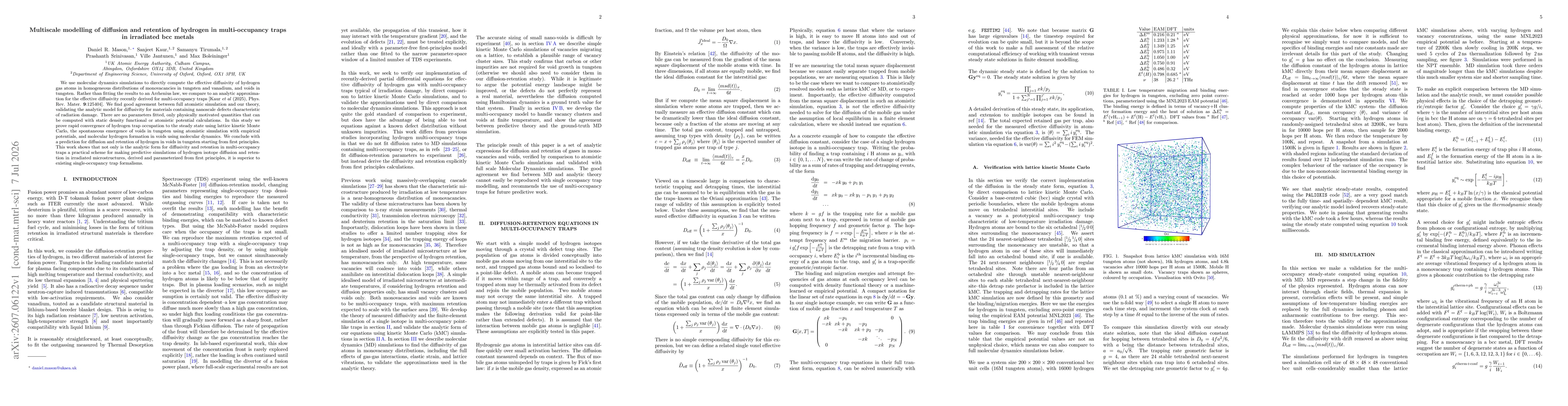 Thumbnail for Multiscale modelling of diffusion and retention of hydrogen in multi-occupancy traps in irradiated bcc metals