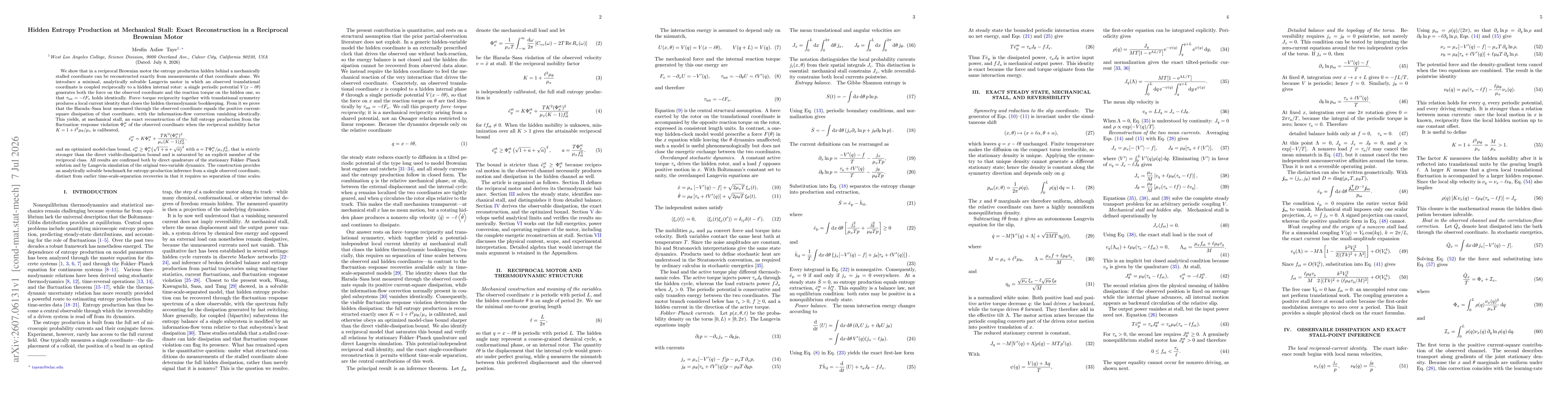 Thumbnail for Hidden Entropy Production at Mechanical Stall: Exact Reconstruction in a Reciprocal Brownian Motor