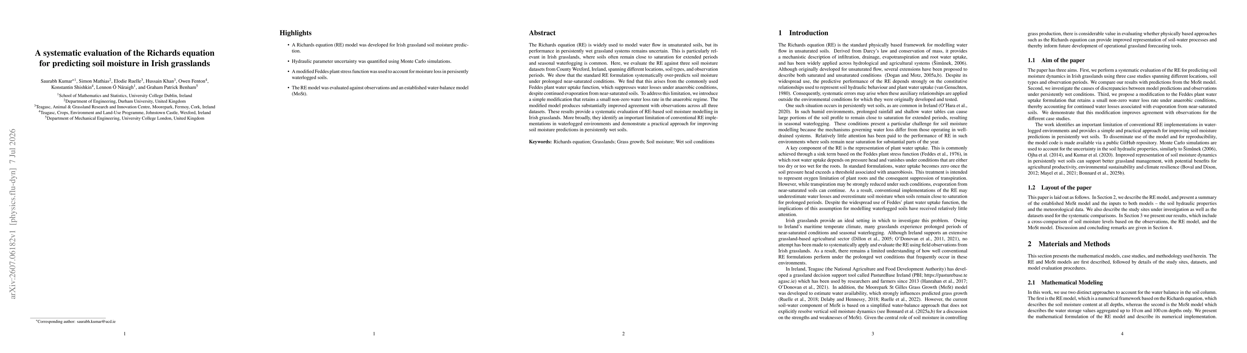 Thumbnail for A systematic evaluation of the Richards equation for predicting soil moisture in Irish grasslands