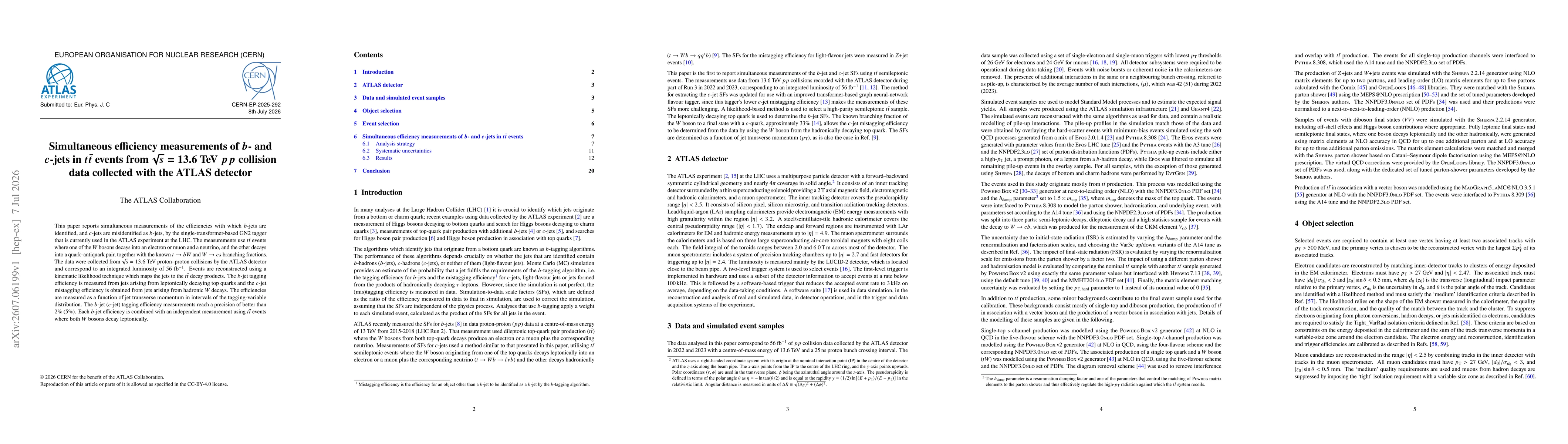 Thumbnail for Simultaneous efficiency measurements of $b$- and $c$-jets in $t\bar{t}$ events from $\sqrt{s}=13.6$ TeV $pp$ collision data collected with the ATLAS detector