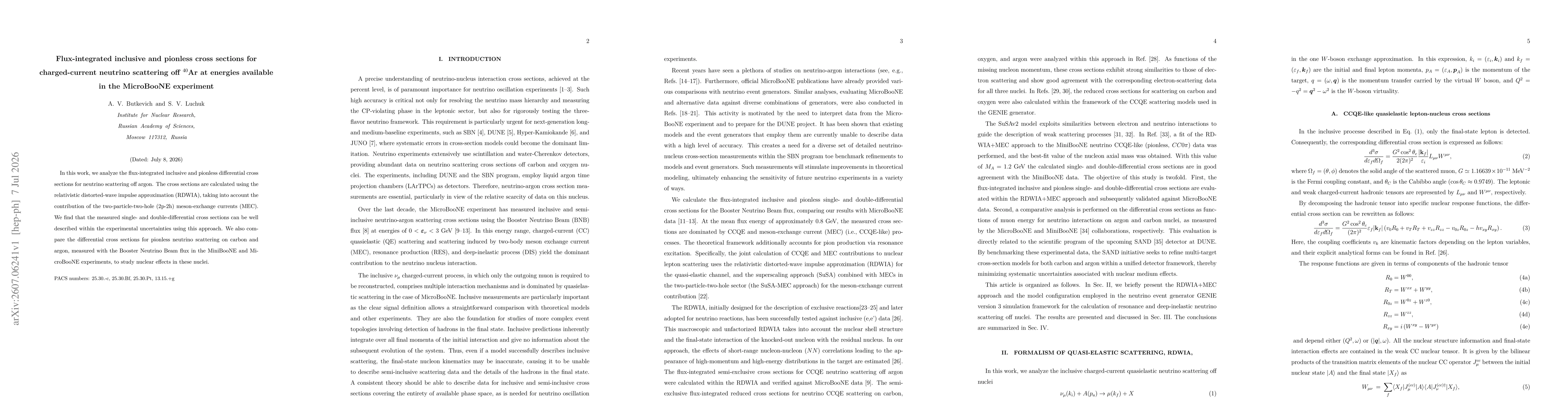 Thumbnail for Flux-integrated inclusive and pionless cross sections for charged-current neutrino scattering off ${}^{40}\text{Ar}$ at energies available in the MicroBooNE experiment