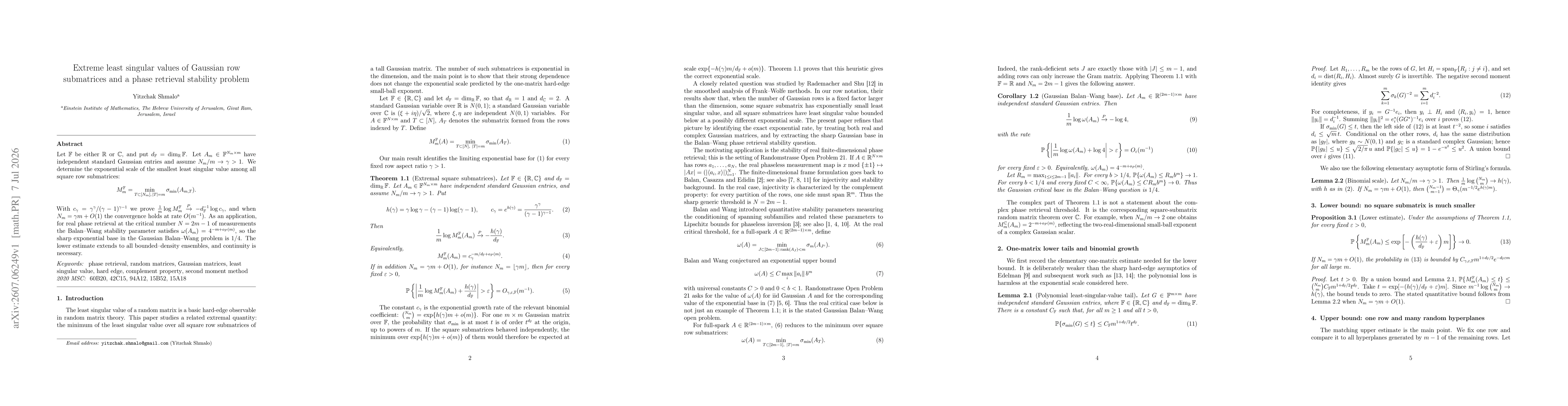 Thumbnail for Extreme least singular values of Gaussian row submatrices and a phase retrieval stability problem