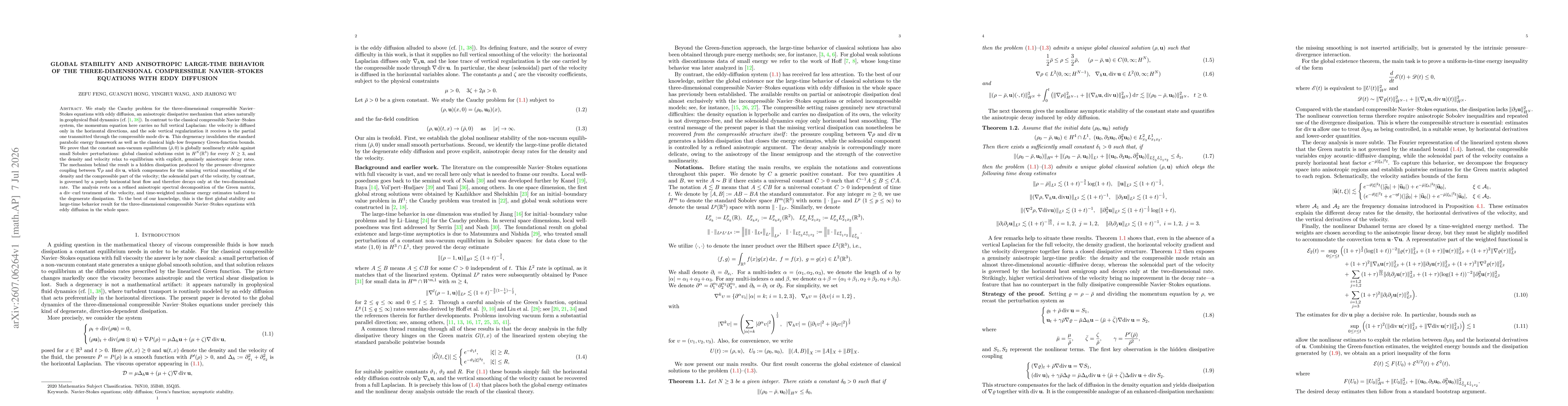 Thumbnail for Global stability and anisotropic large-time behavior of the three-dimensional compressible Navier--Stokes equations with eddy diffusion