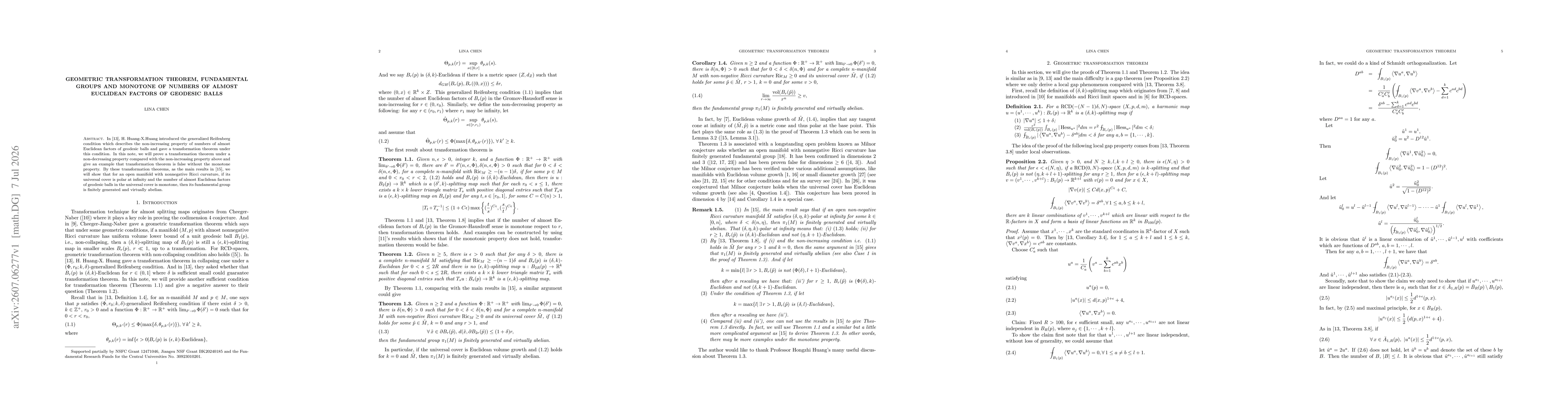Thumbnail for Geometric transformation theorem, fundamental groups and monotone of numbers of almost Euclidean factors of geodesic balls