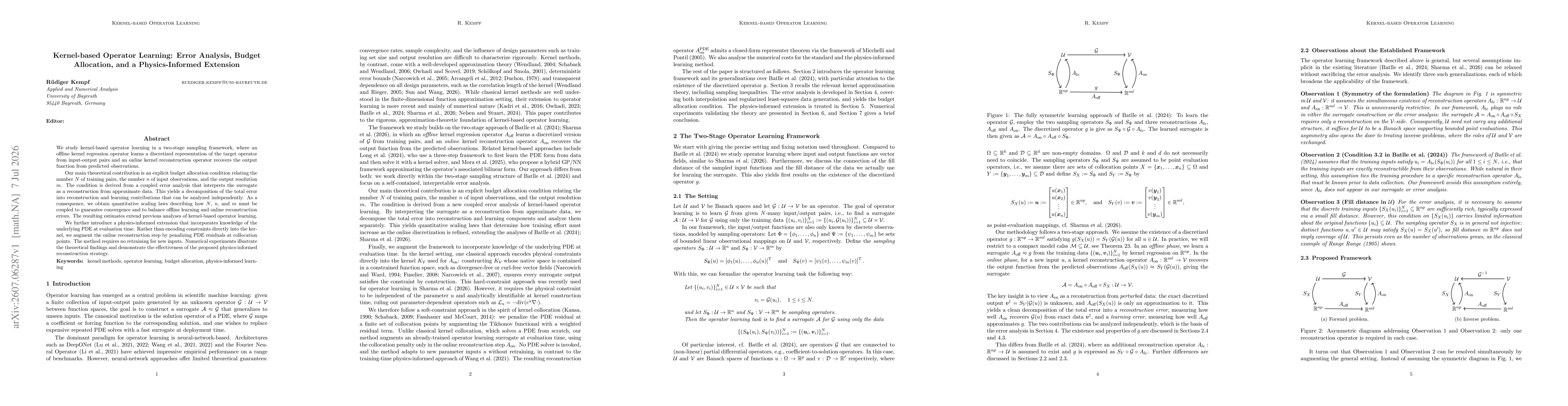 Thumbnail for Kernel-based Operator Learning: Error Analysis, Budget Allocation, and a Physics-Informed Extension