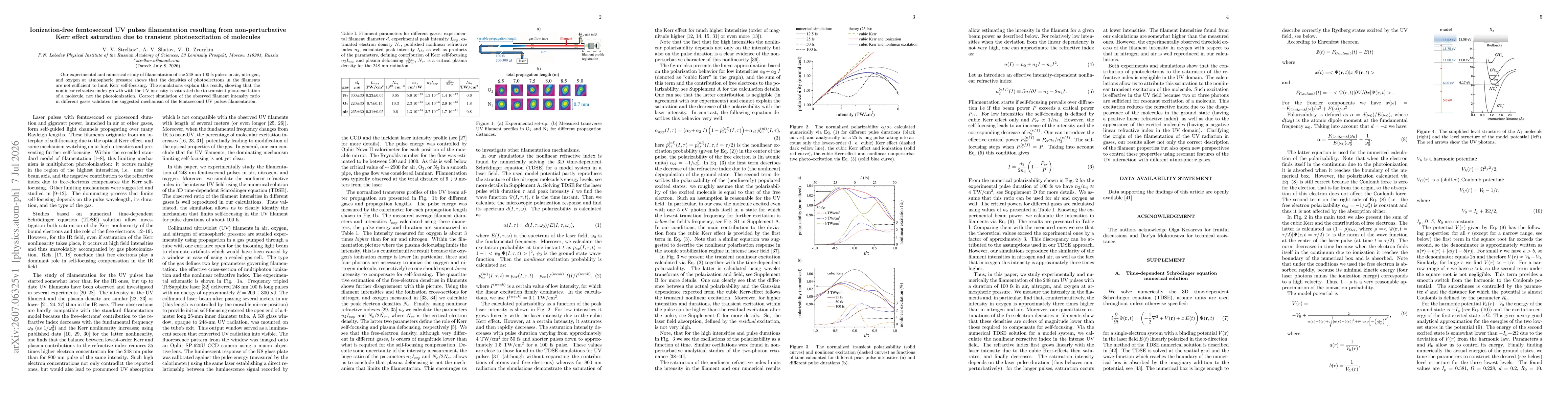 Thumbnail for Ionization-free femtosecond UV pulse filamentation resulting from non-perturbative Kerr effect saturation due to transient photoexcitation of molecules
