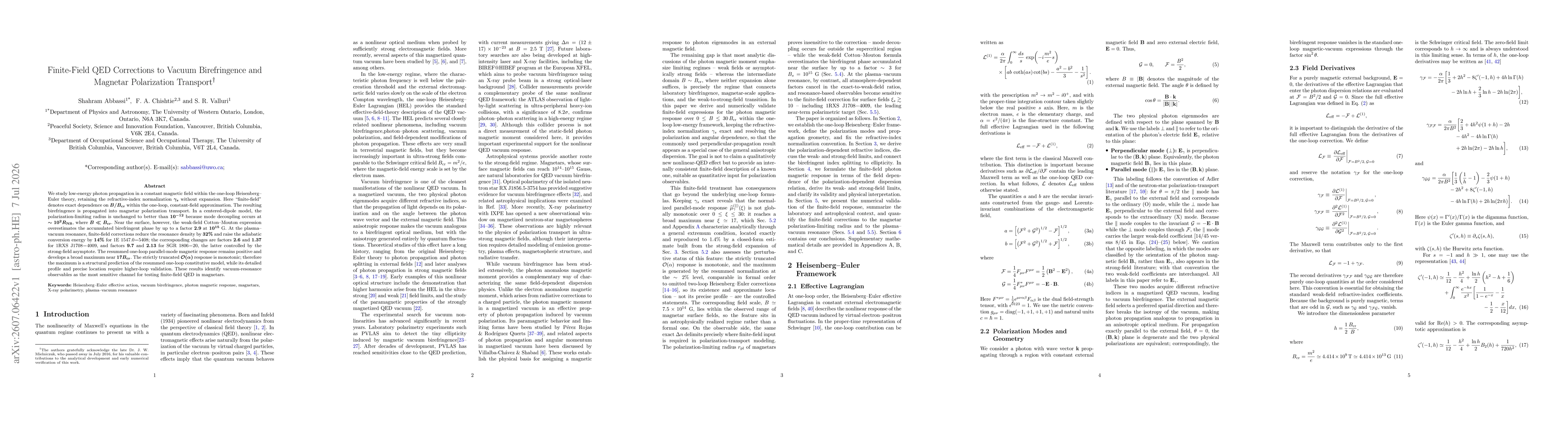 Thumbnail for Finite-Field QED Corrections to Vacuum Birefringence and Magnetar Polarization Transport