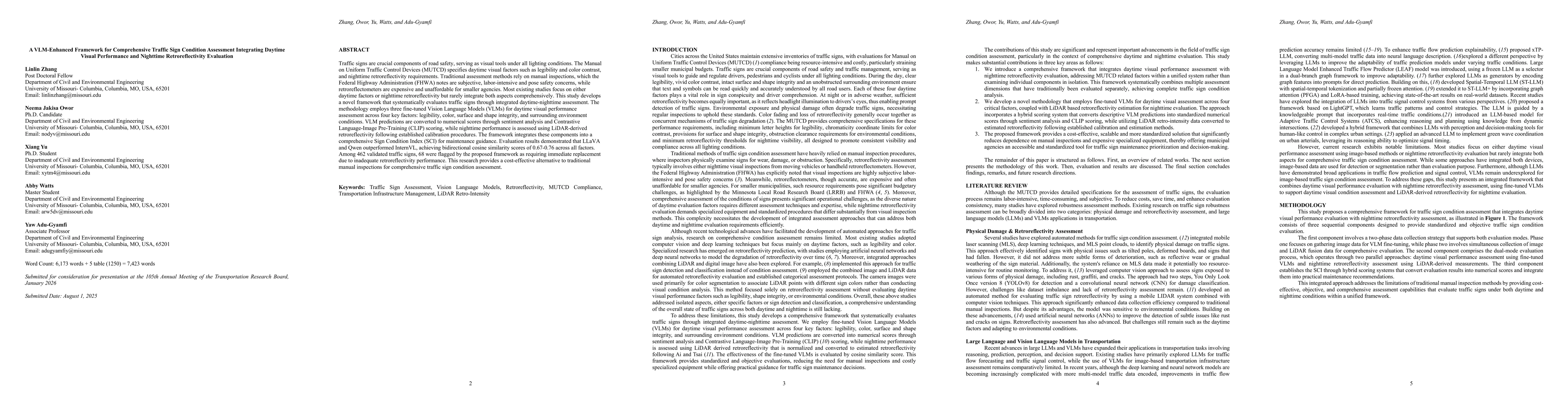 Thumbnail for A VLM-Enhanced Framework for Comprehensive Traffic Sign Condition Assessment Integrating Daytime Visual Performance and Nighttime Retroreflectivity Evaluation