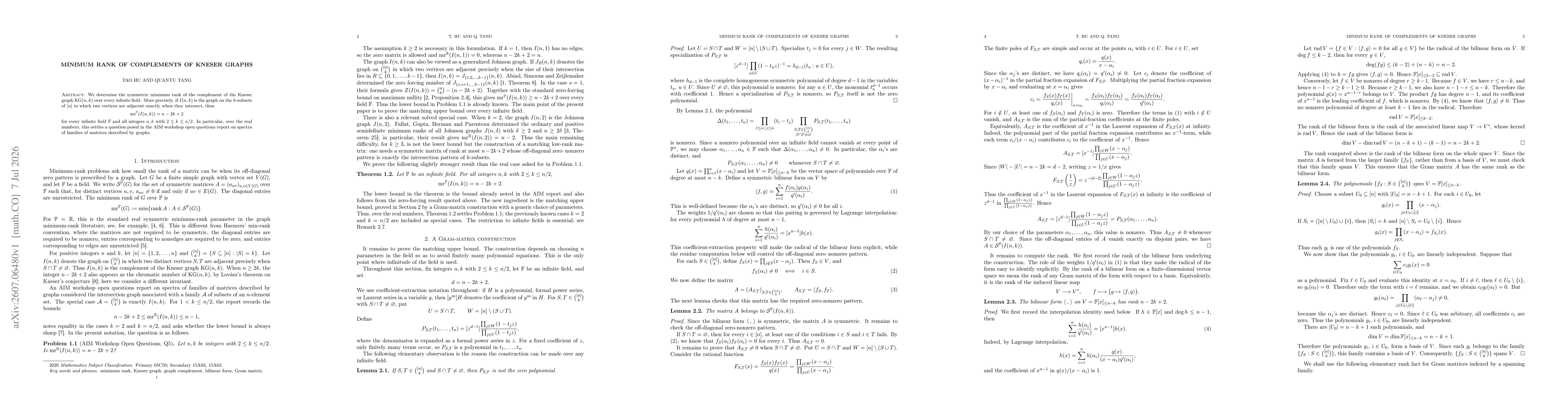 Thumbnail for Minimum rank of complements of Kneser graphs