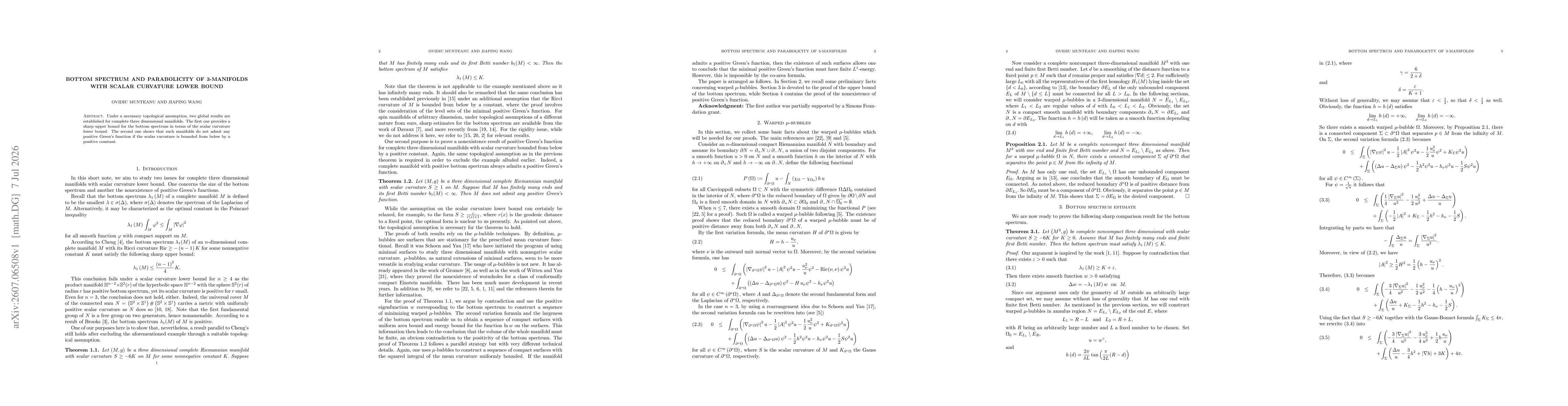 Thumbnail for Bottom spectrum and parabolicity of 3-manifolds with scalar curvature lower bound