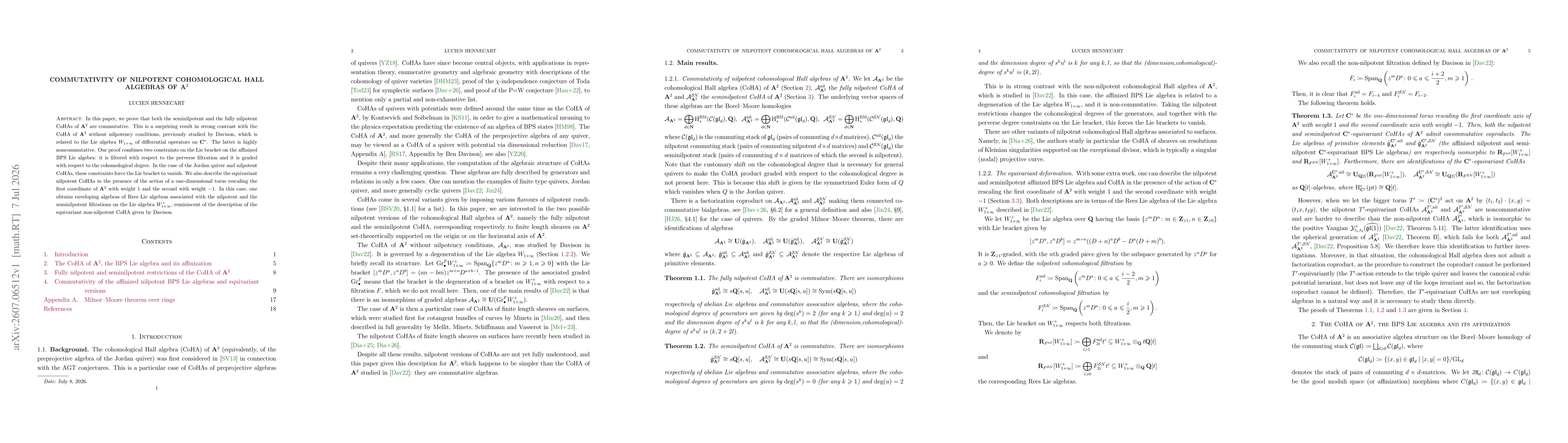 Thumbnail for Commutativity of nilpotent cohomological Hall algebras of $\mathbf{A}^2$