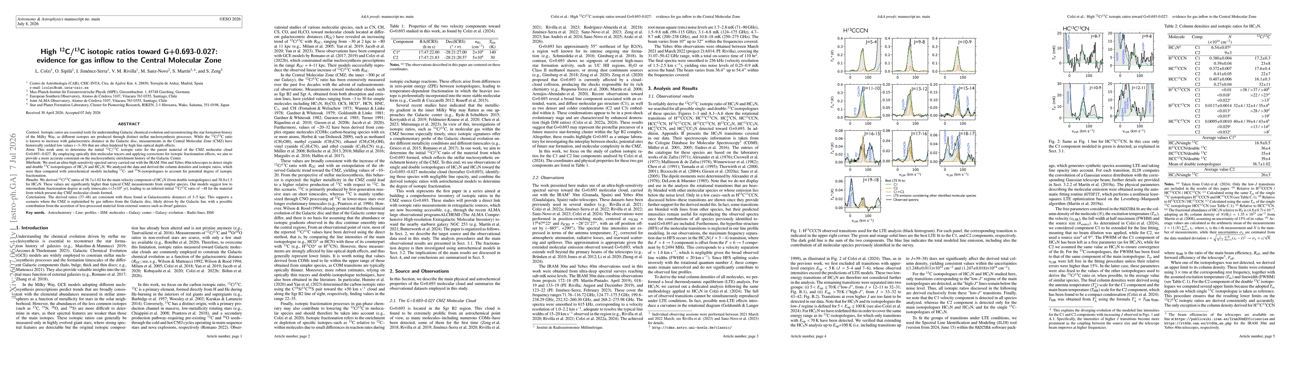 Thumbnail for High $^{12}$C/$^{13}$C isotopic ratios toward G+0.693-0.027: evidence for gas inflow to the Central Molecular Zone