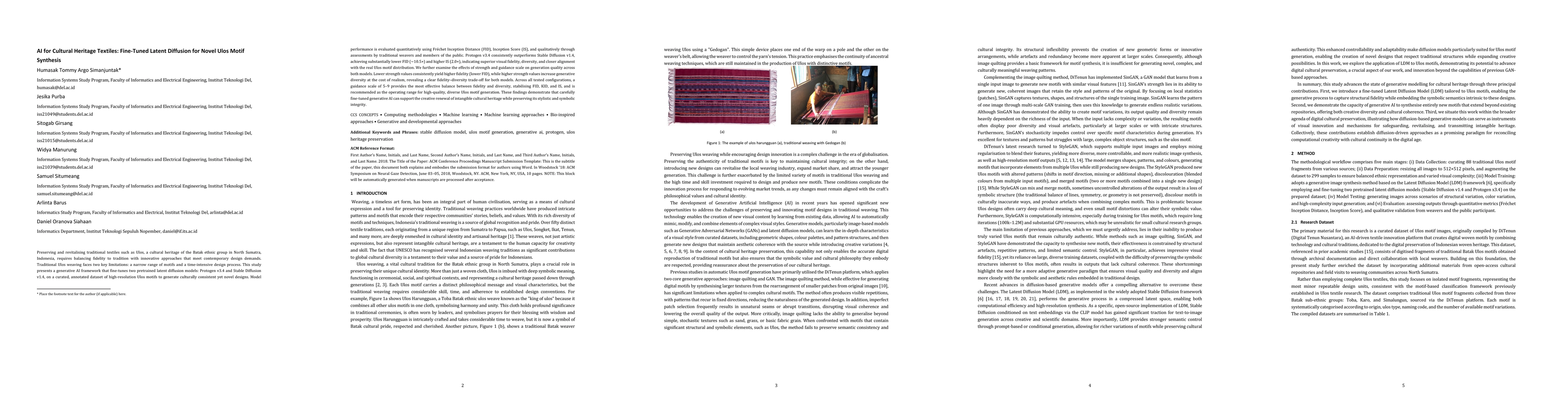 Thumbnail for AI for Cultural Heritage Textiles: Fine-Tuned Latent Diffusion for Novel Ulos Motif Synthesis