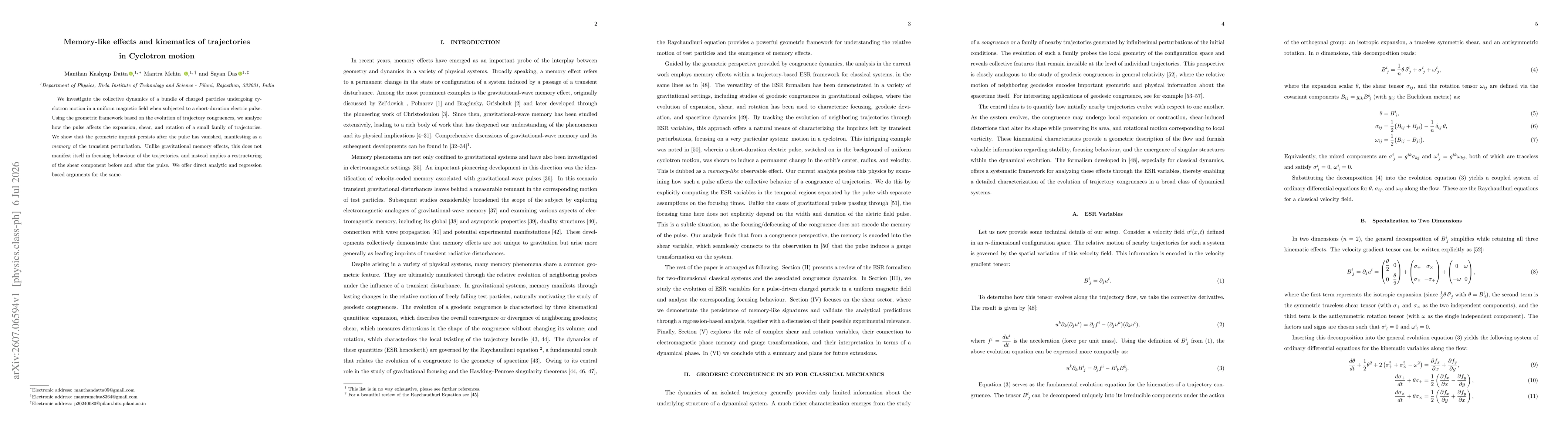 Thumbnail for Memory-like effects and kinematics of trajectories in Cyclotron motion