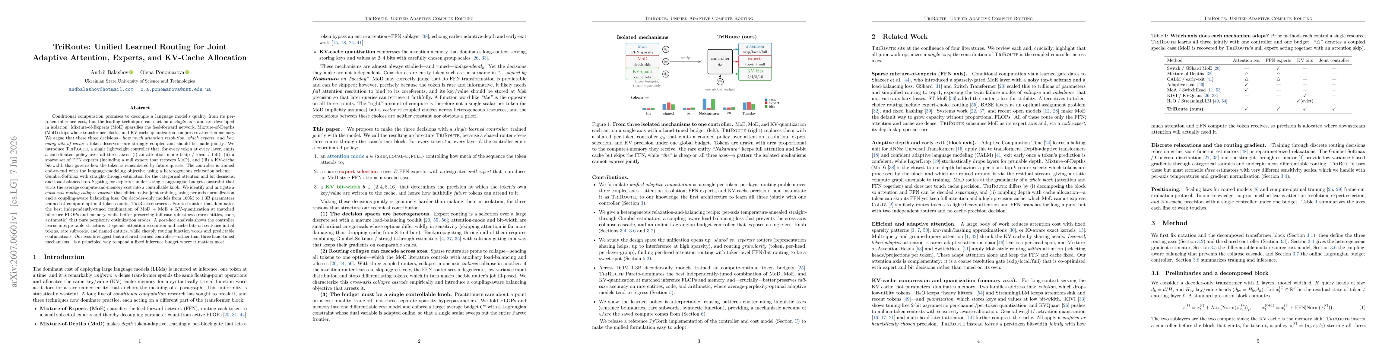 Thumbnail for TriRoute: Unified Learned Routing for Joint Adaptive Attention, Experts, and KV-Cache Allocation
