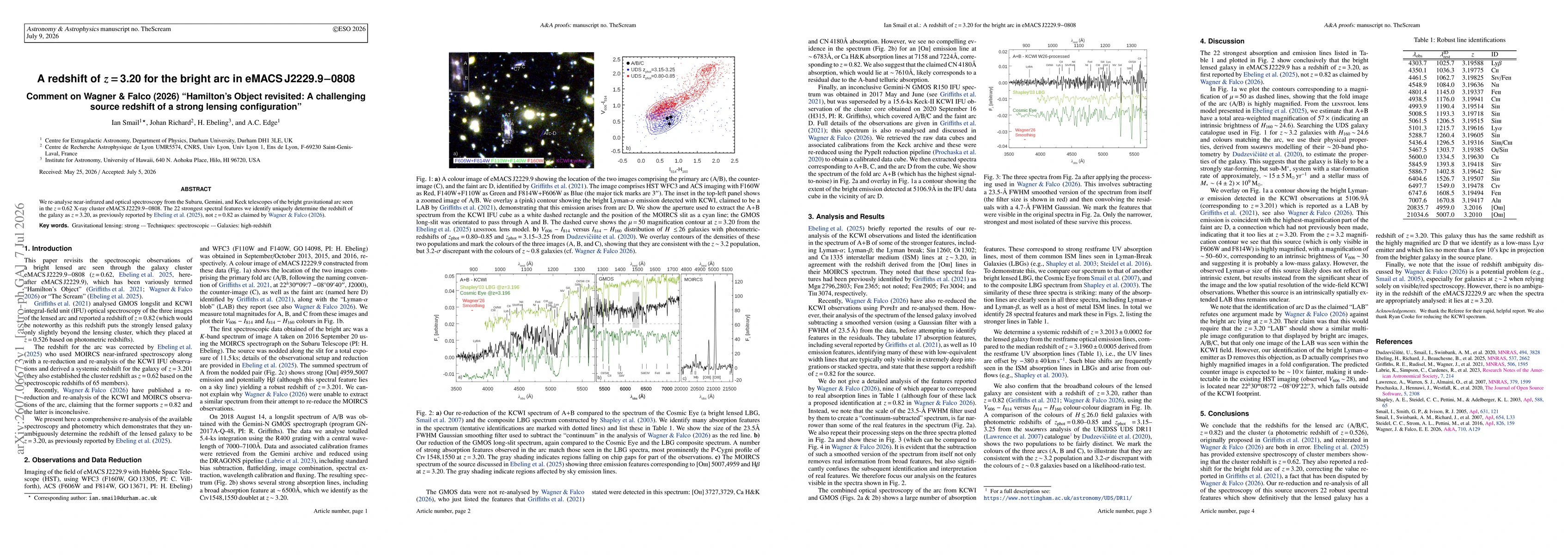 Thumbnail for A redshift of z=3.20 for the bright arc in eMACSJ2229.9-0808: Comment on Wagner & Falco (2026) "Hamilton's Object revisited: A challenging source redshift of a strong lensing configuration"