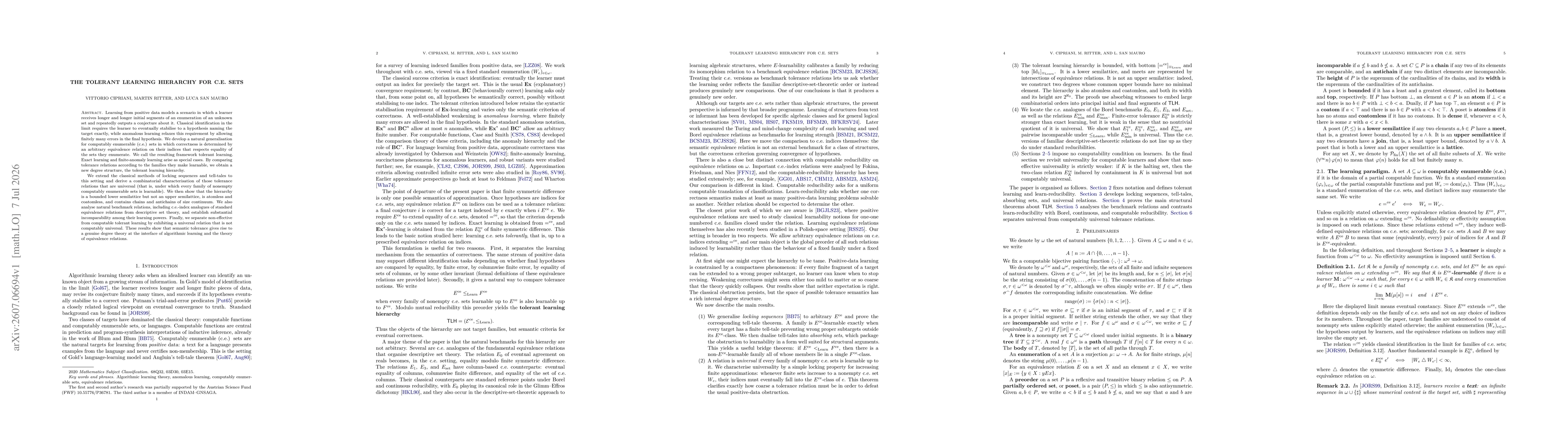 Thumbnail for The tolerant learning hierarchy for c.e. sets