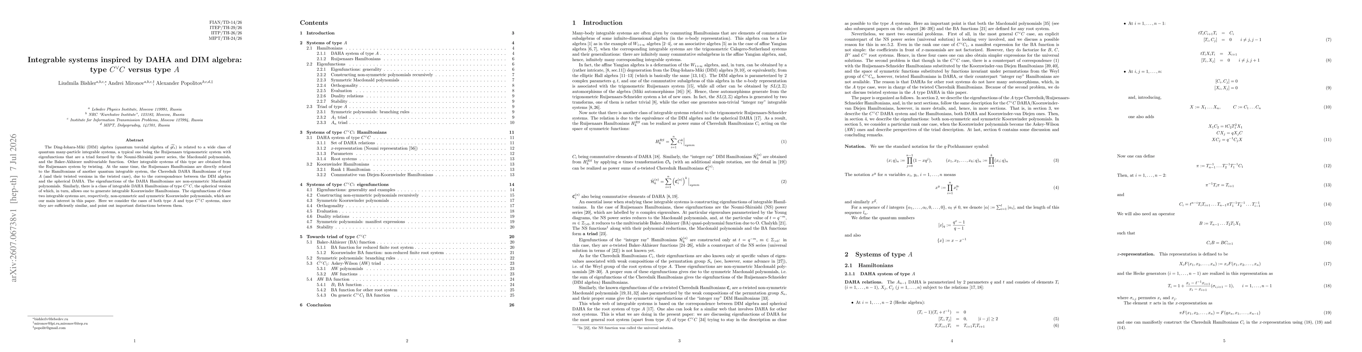 Thumbnail for Integrable systems inspired by DAHA and DIM algebra: type $C^\vee C$ versus type $A$