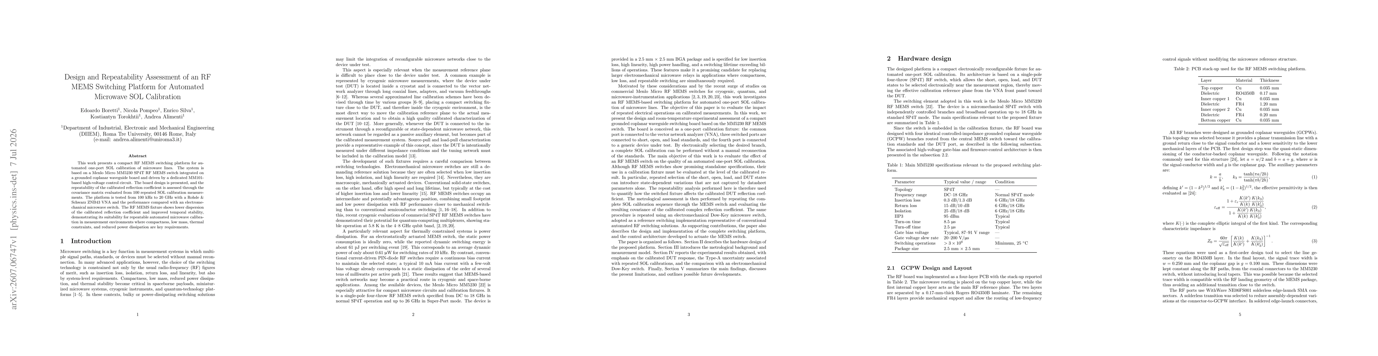 Thumbnail for Design and Repeatability Assessment of an RF MEMS Switching Platform for Automated Microwave SOL Calibration