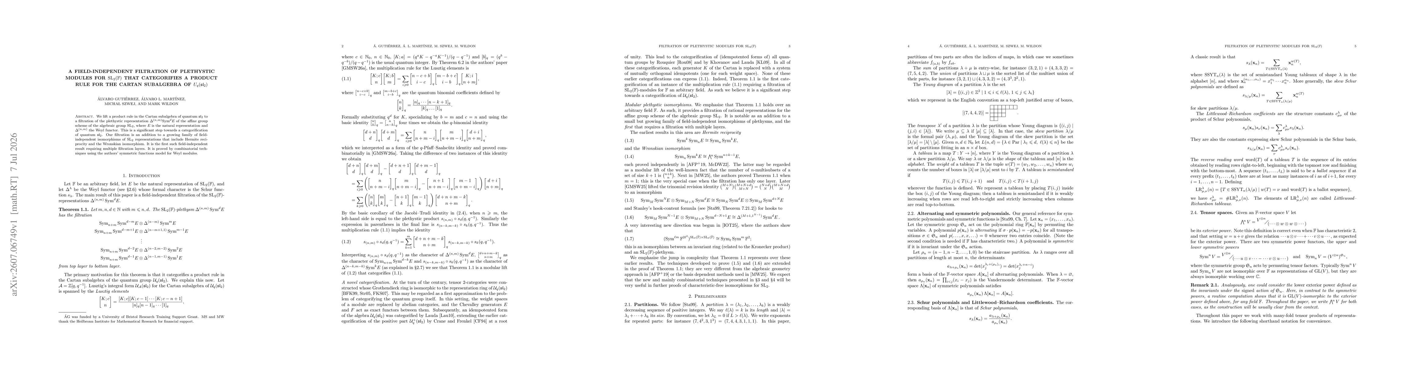 Thumbnail for A field-independent filtration of plethystic modules for $\mathrm{SL}_2(\mathbb{F})$ that categorifies a product rule for the Cartan subalgebra of $\mathcal{U}_q(\mathfrak{sl}_2)$
