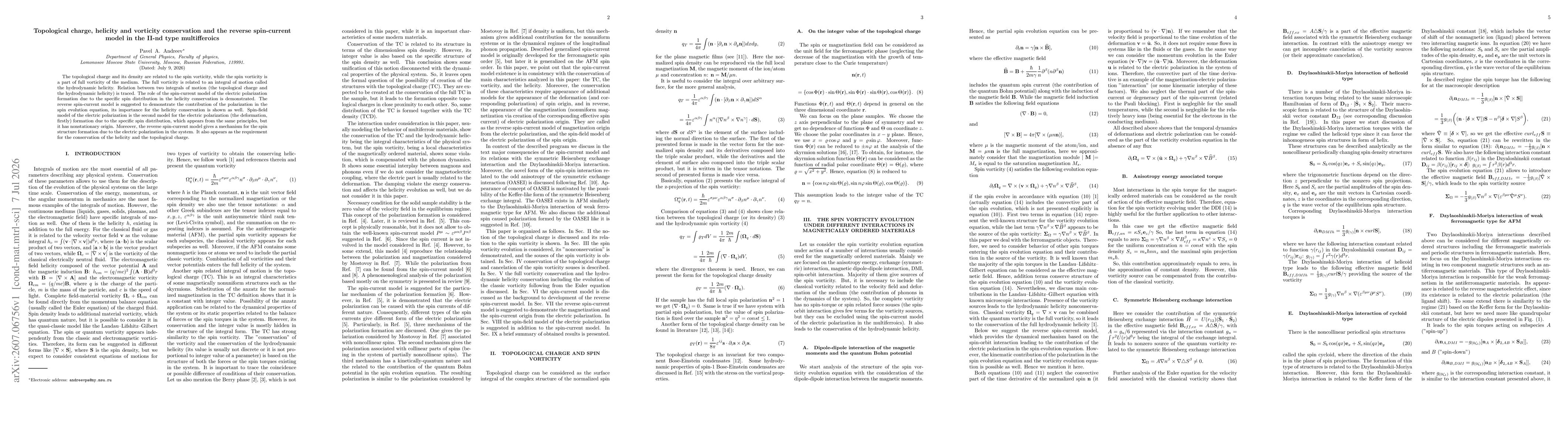 Thumbnail for Topological charge, helicity and vorticity conservation and the reverse spin-current model in the II-nd type multifferoics
