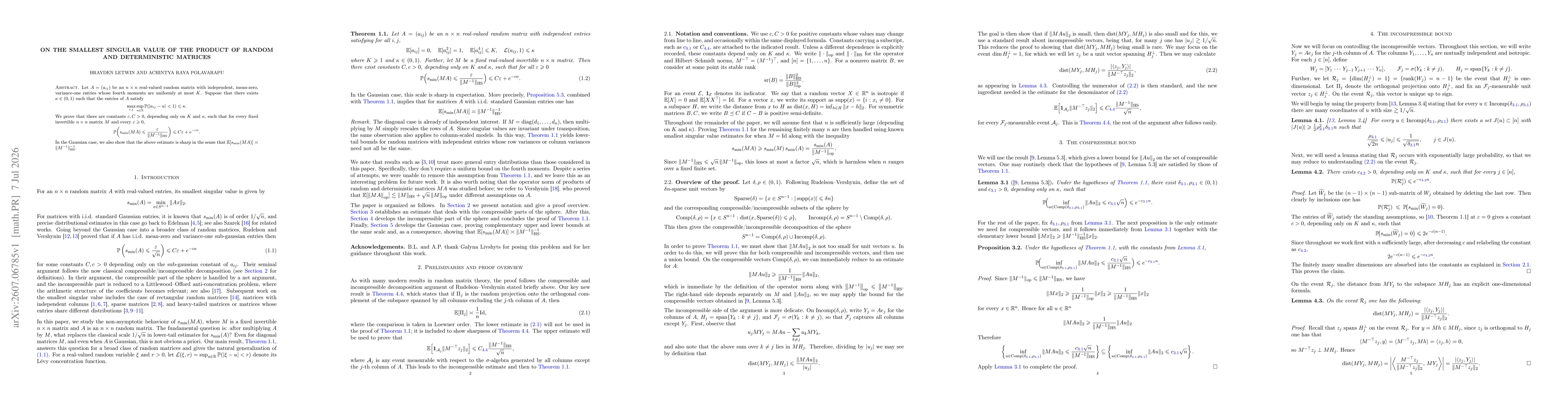 Thumbnail for On the smallest singular value of the product of random and deterministic matrices