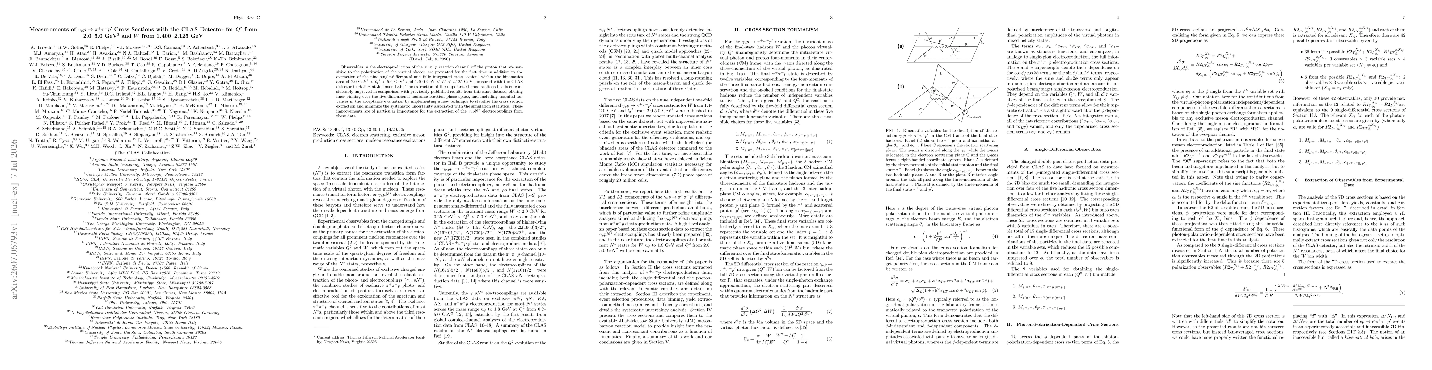 Thumbnail for Measurements of $γ_v p \to π^+ π^- p'$ Cross Sections with the CLAS Detector for $Q^{2}$ from 2.0--5.0~GeV$^{2}$ and $W$ from 1.400--2.125~GeV