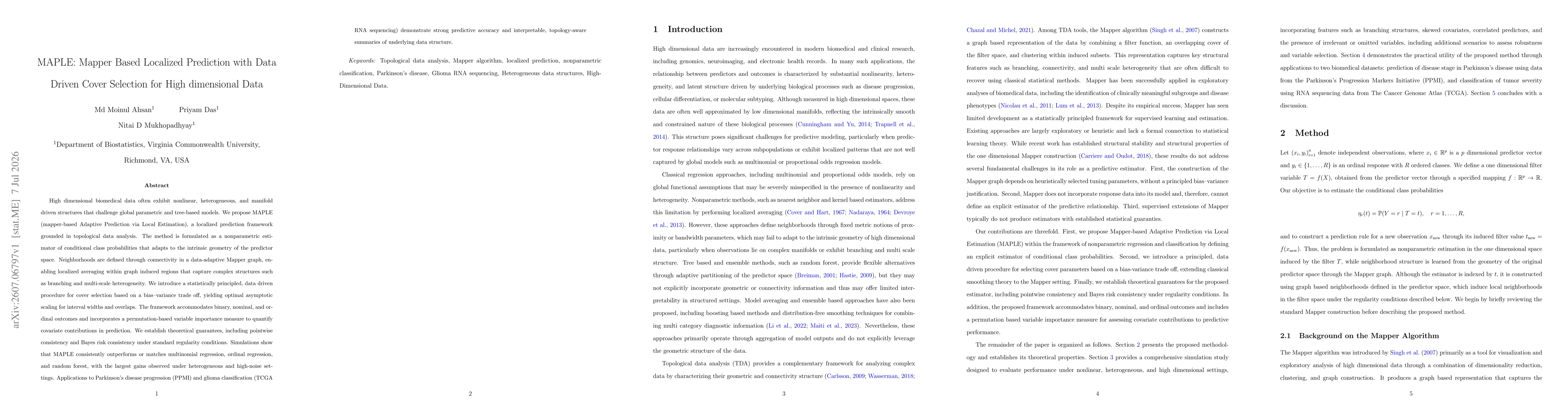 Thumbnail for MAPLE: Mapper Based Localized Prediction with Data Driven Cover Selection for High dimensional Data