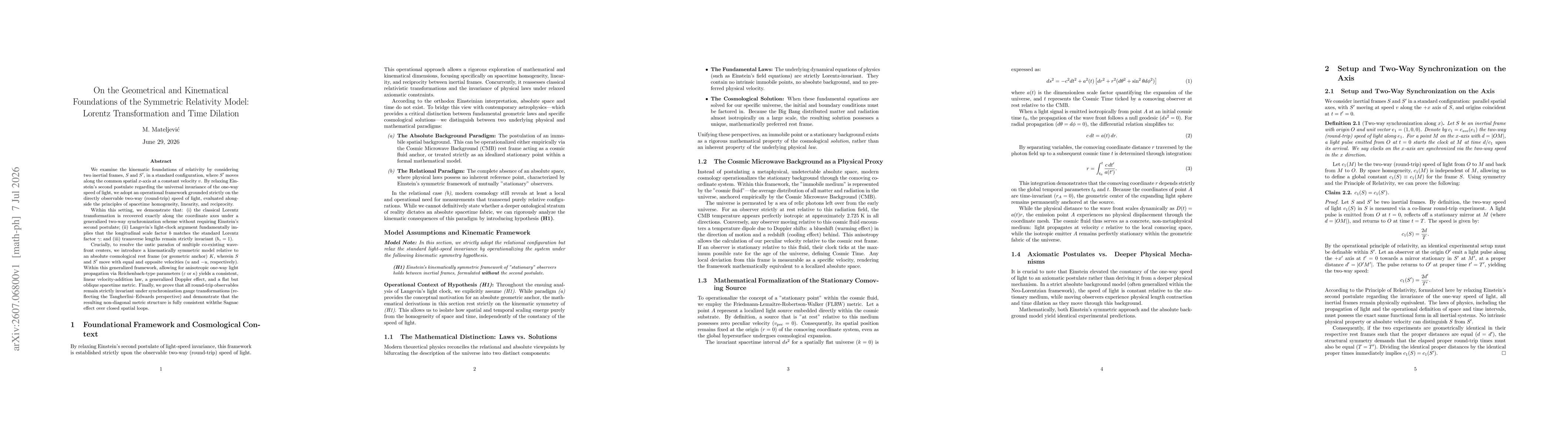 Thumbnail for On the Geometrical and Kinematical Foundations of the Symmetric Relativity Model: Lorentz Transformation and Time Dilation