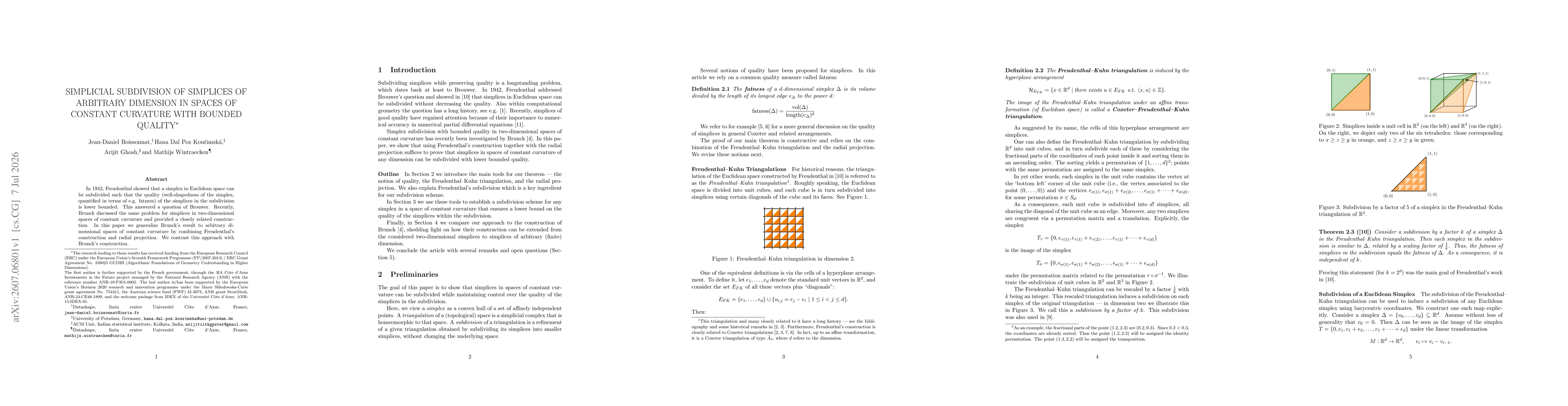 Thumbnail for Simplicial subdivision of simplices of arbitrary dimension in spaces of constant curvature with bounded quality