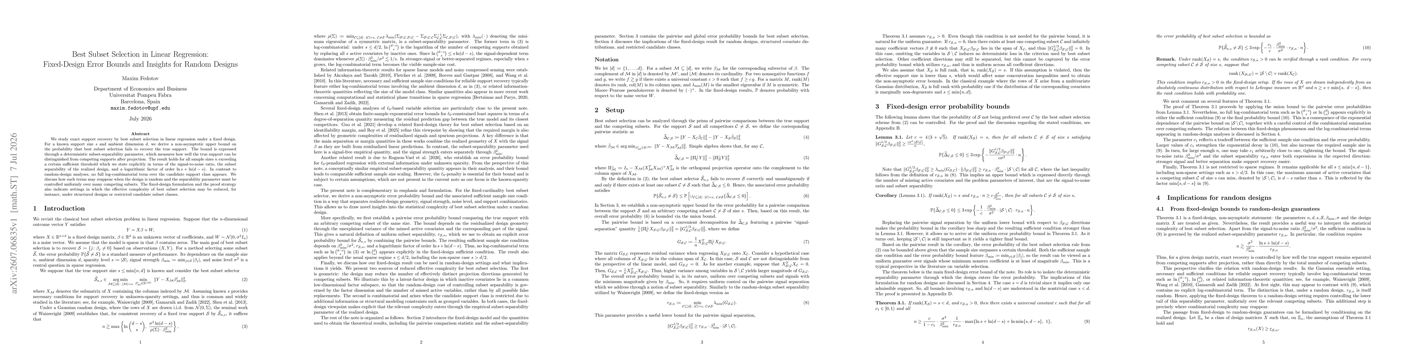 Thumbnail for Best Subset Selection in Linear Regression: Fixed-Design Error Bounds and Insights for Random Designs