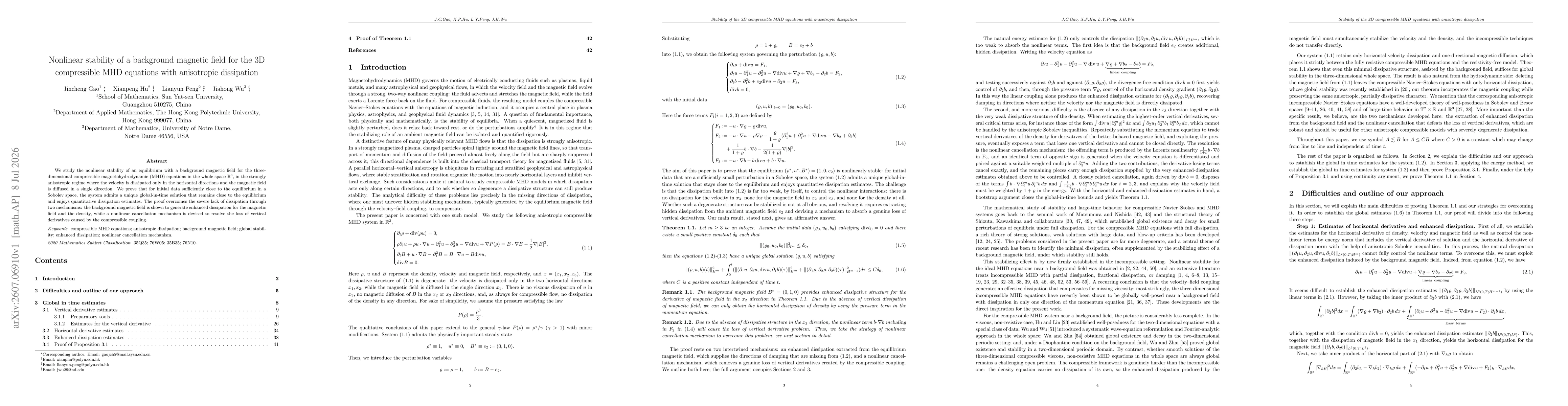 Thumbnail for Nonlinear stability of a background magnetic field for the 3D compressible MHD equations with anisotropic dissipation