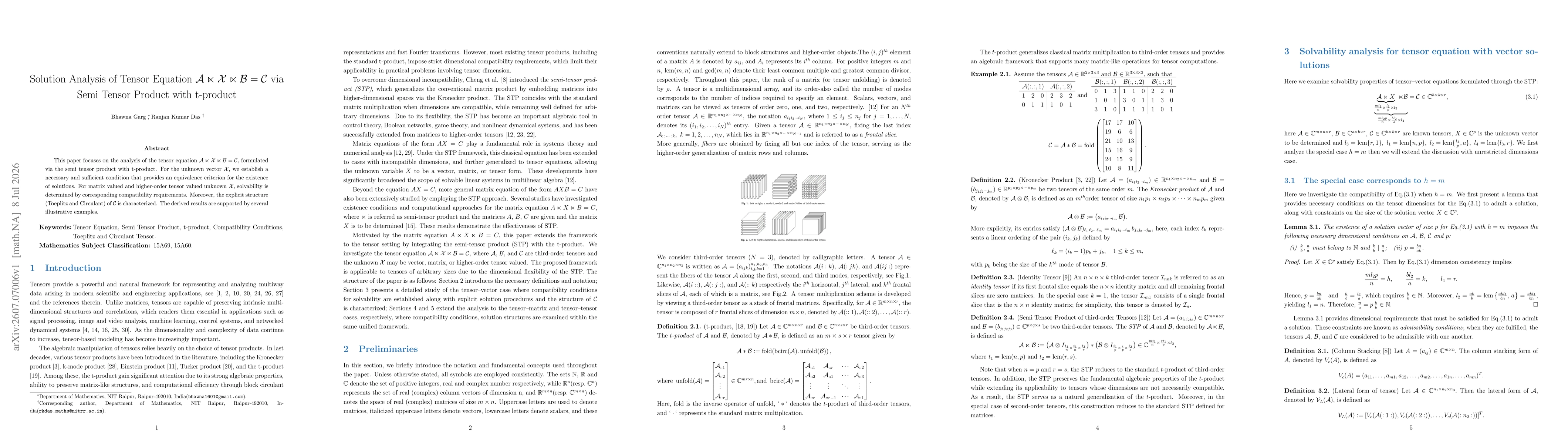 Thumbnail for Solution Analysis of Tensor Equation $\mathcal{A} \ltimes \mathcal{X} \ltimes \mathcal{B}= \mathcal{C}$ via Semi Tensor Product with t-product