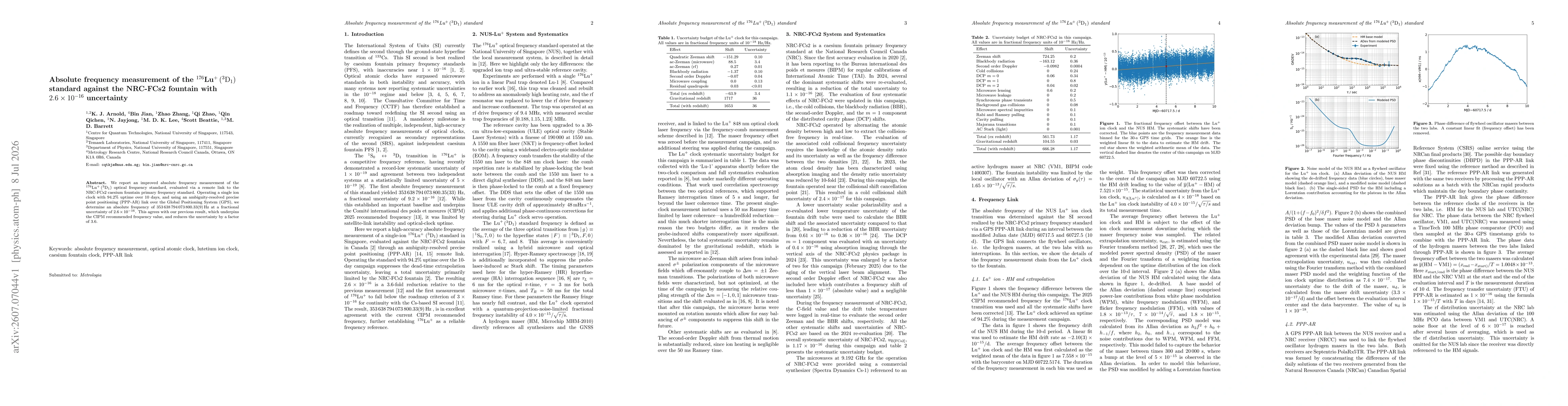 Thumbnail for Absolute frequency measurement of the $^{176}$Lu$^+\,(^{3}\mathrm{D}_1)$ standard against the NRC-FCs2 fountain with $2.6\times10^{-16}$ uncertainty