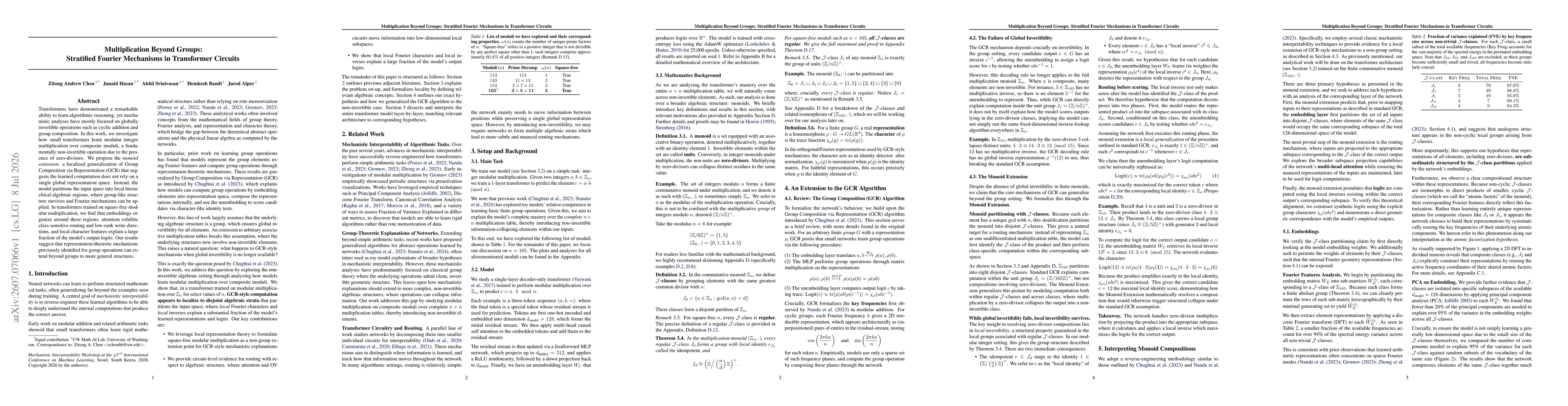 Thumbnail for Multiplication Beyond Groups: Stratified Fourier Mechanisms in Transformer Circuits